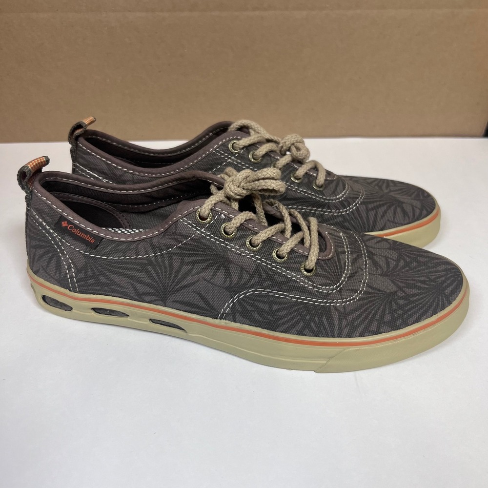 Columbia PFG Mens Boat Shoes Size 8 Gray Palm Print Canvas Sneakers Fish Vented